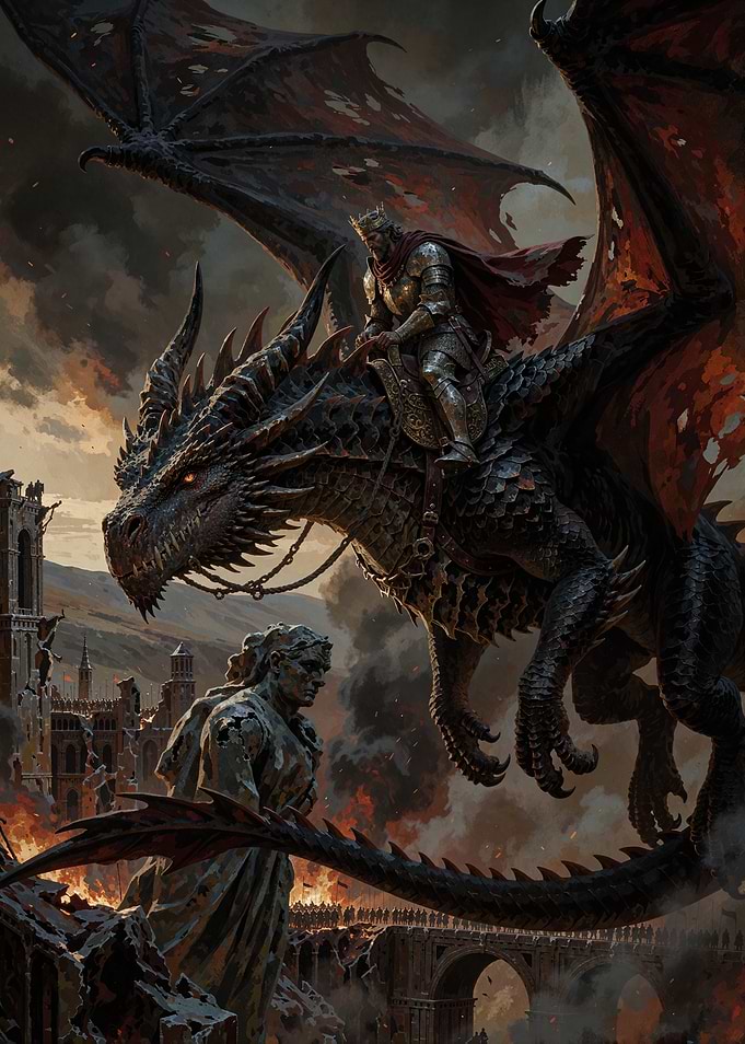 King Riding Dragon Over Ruined City