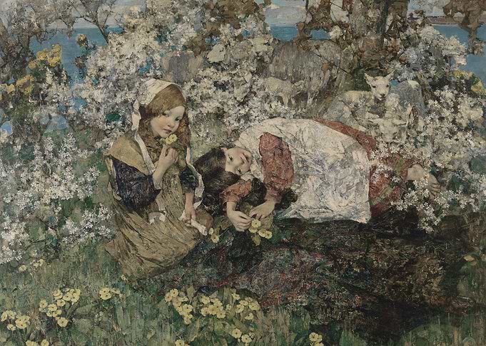 Two Girls Picking Primroses Painting