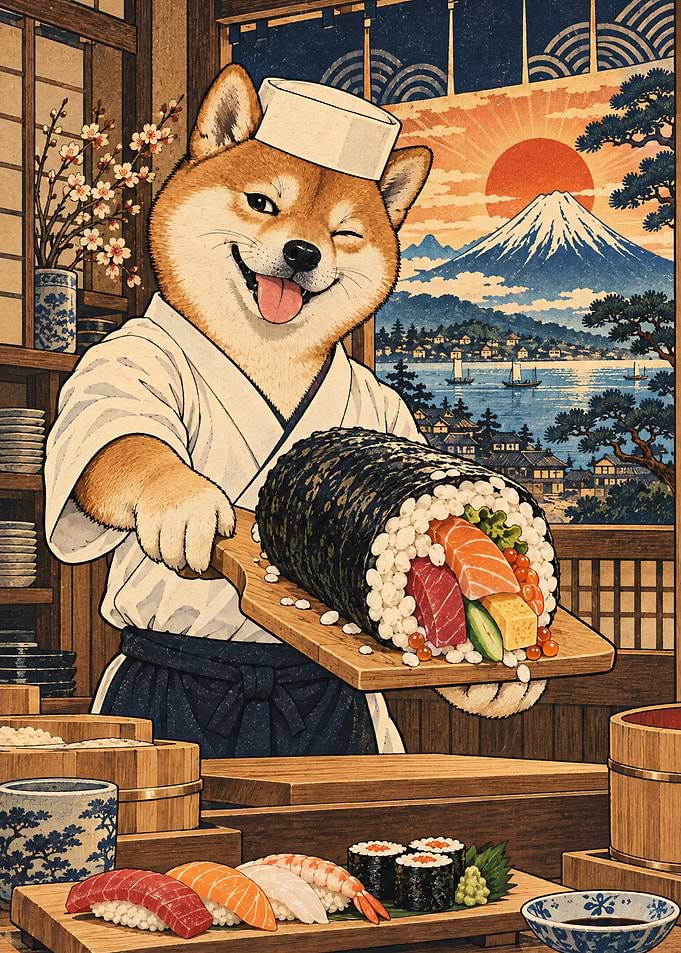 Shiba Inu Sushi Chef Illustration