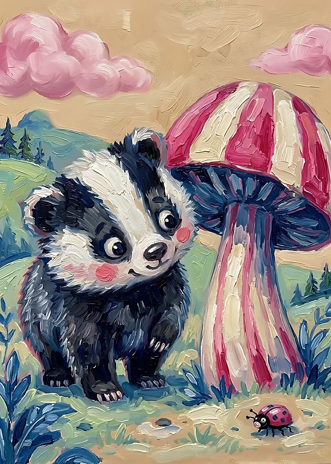 Cute Badger and Mushroom Painting