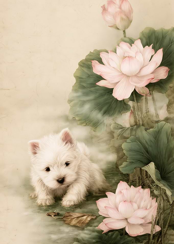 Westie Puppy Among Lotus Flowers