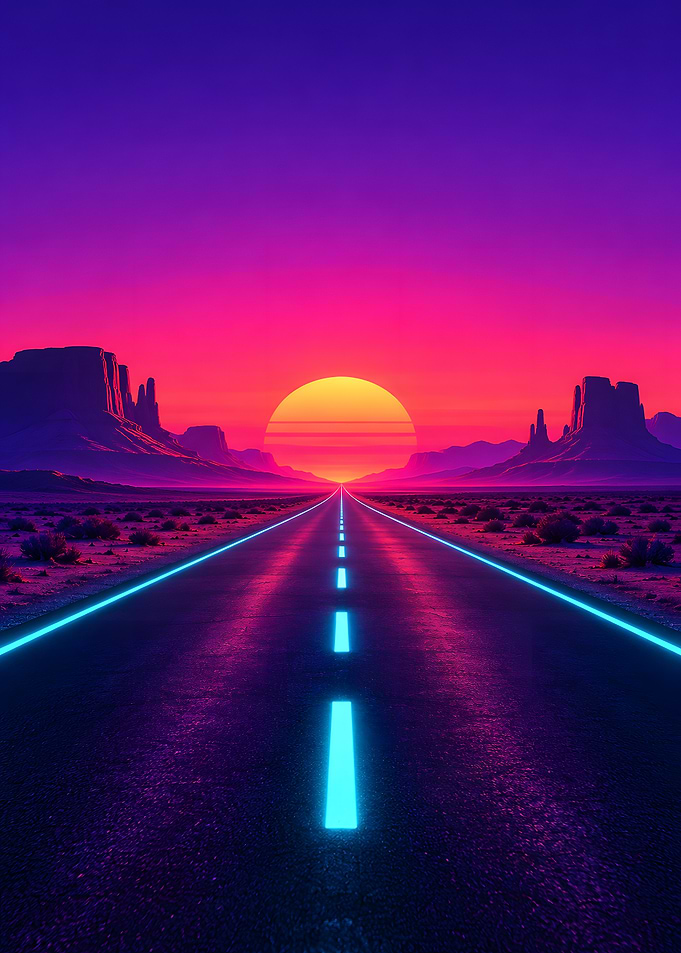 Synthwave Desert Highway Sunset