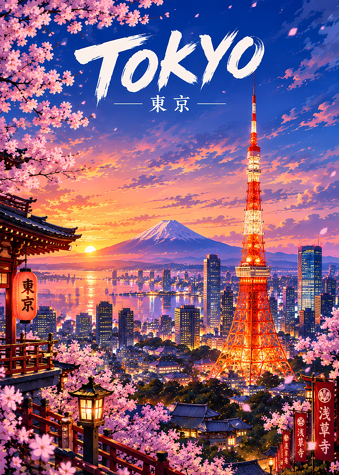 Tokyo Cityscape with Cherry Blossoms