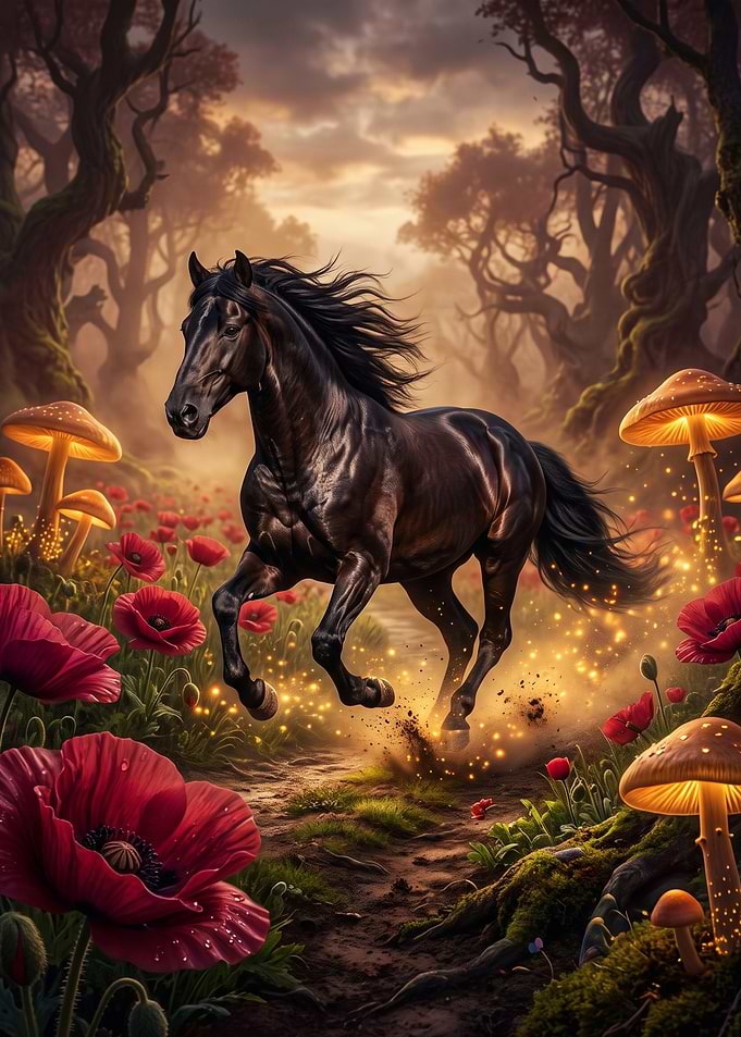 Black Horse Running Through Magical Forest