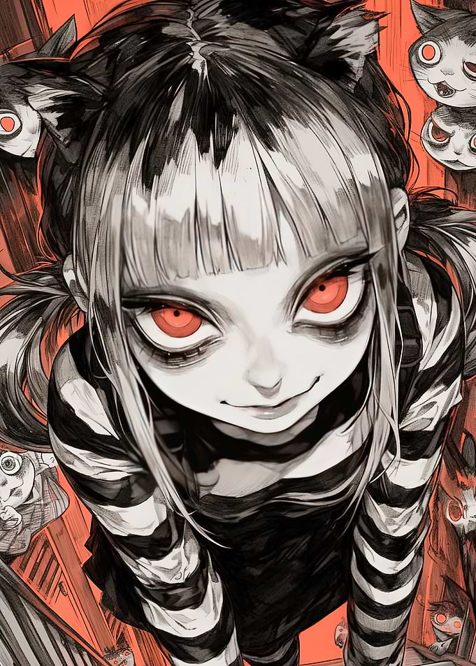 Eerie Anime Girl with Red Eyes