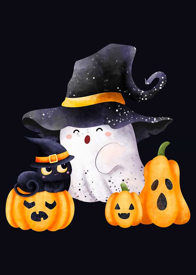 Cute Halloween Ghost and Cat