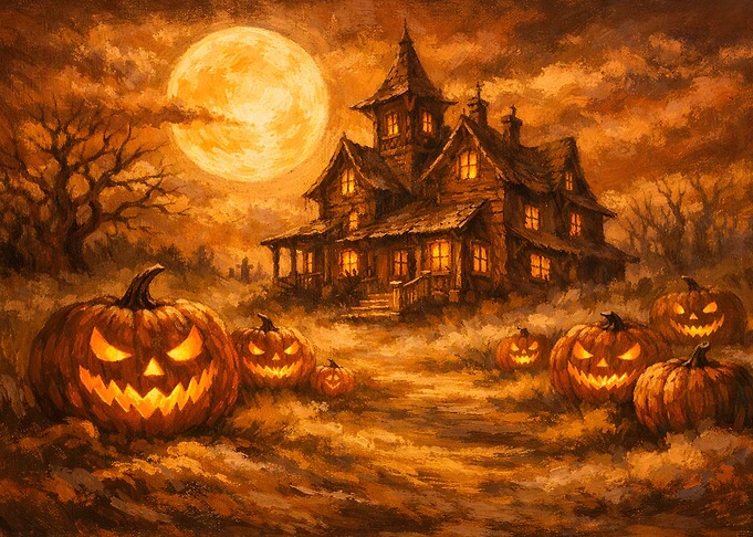 Warm Halloween Night Scene Haunted Mansion and Spooky Carved Pumpkins Under Glowing Full Moon