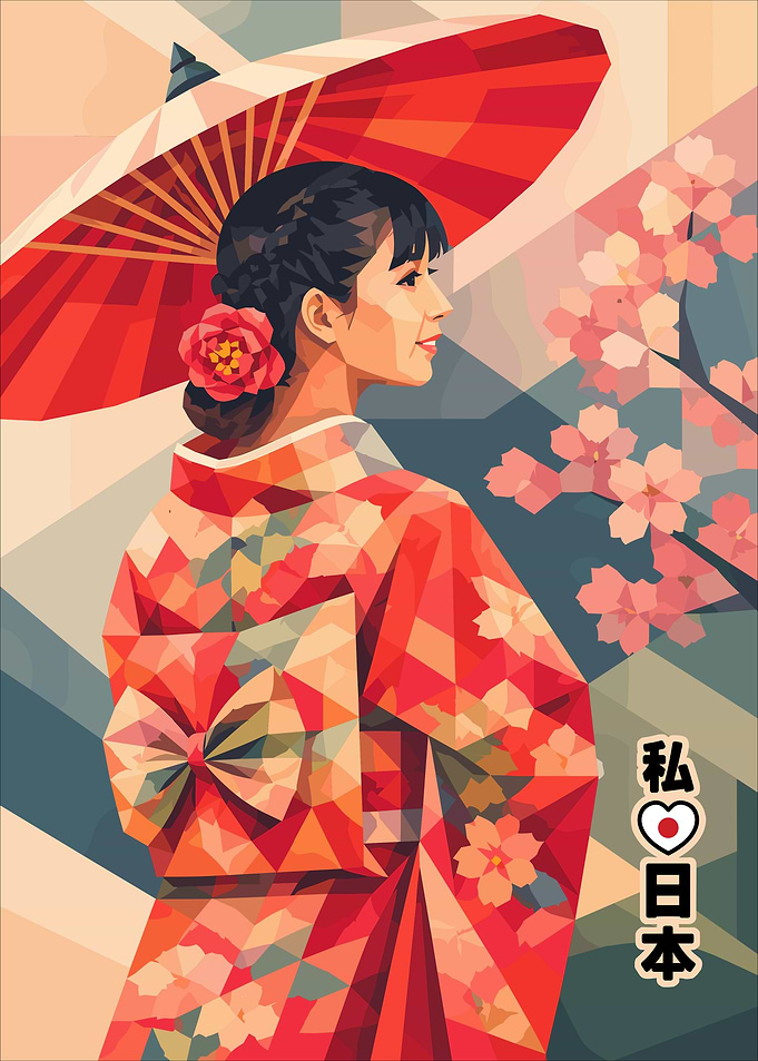 Geometric Japanese Woman in Kimono