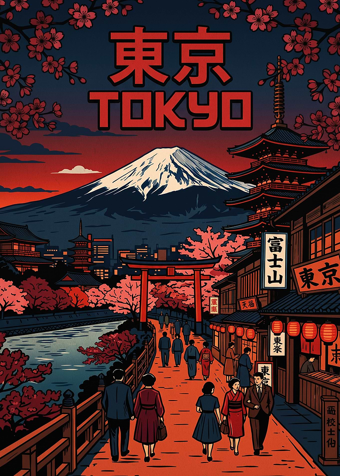 Vintage Tokyo Travel Poster Illustration