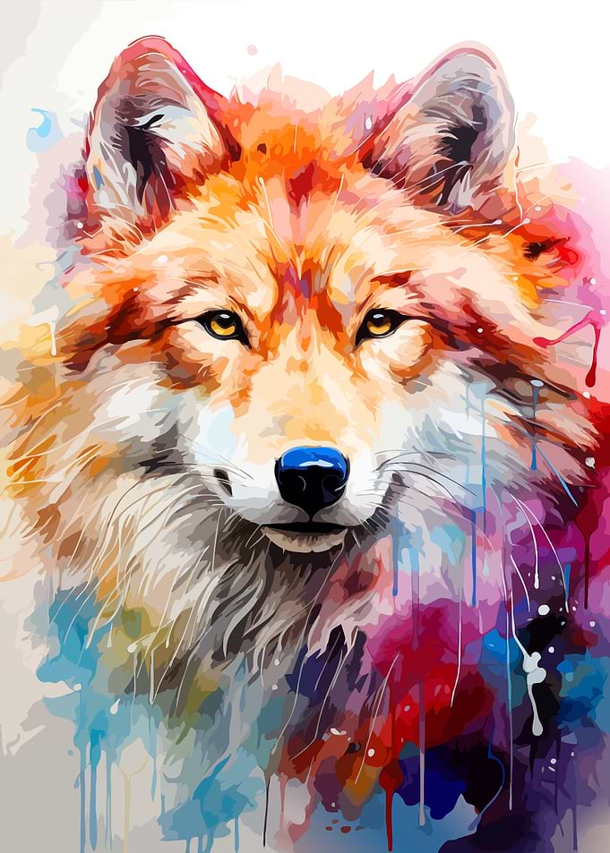 Colorful Watercolor Wolf Portrait