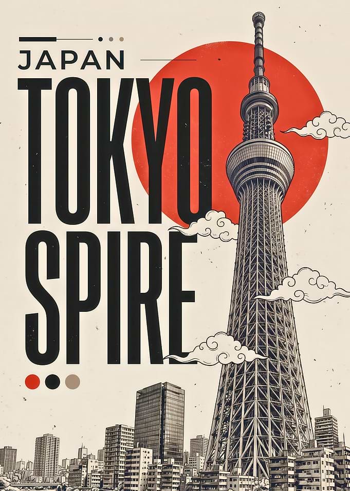 Tokyo Skytree Against Red Sun Retro Travel Engraving