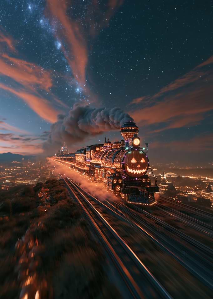 Spooky Halloween Steam Train at Night