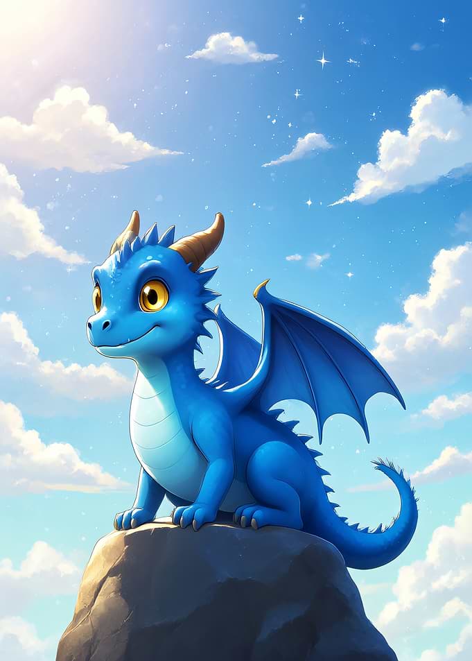 Cute Blue Baby Dragon on Rock