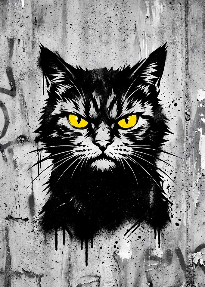 Grumpy Black Cat Graffiti Art