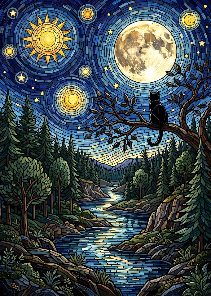 Stained Glass Cat Under Moonlit Sky