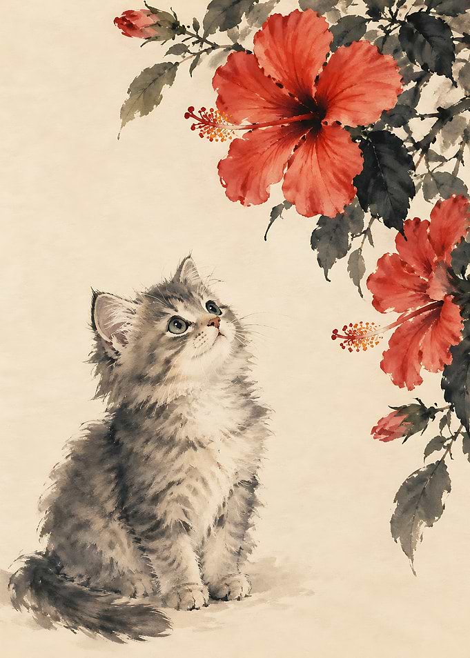 Kitten Gazing at Hibiscus Flowers