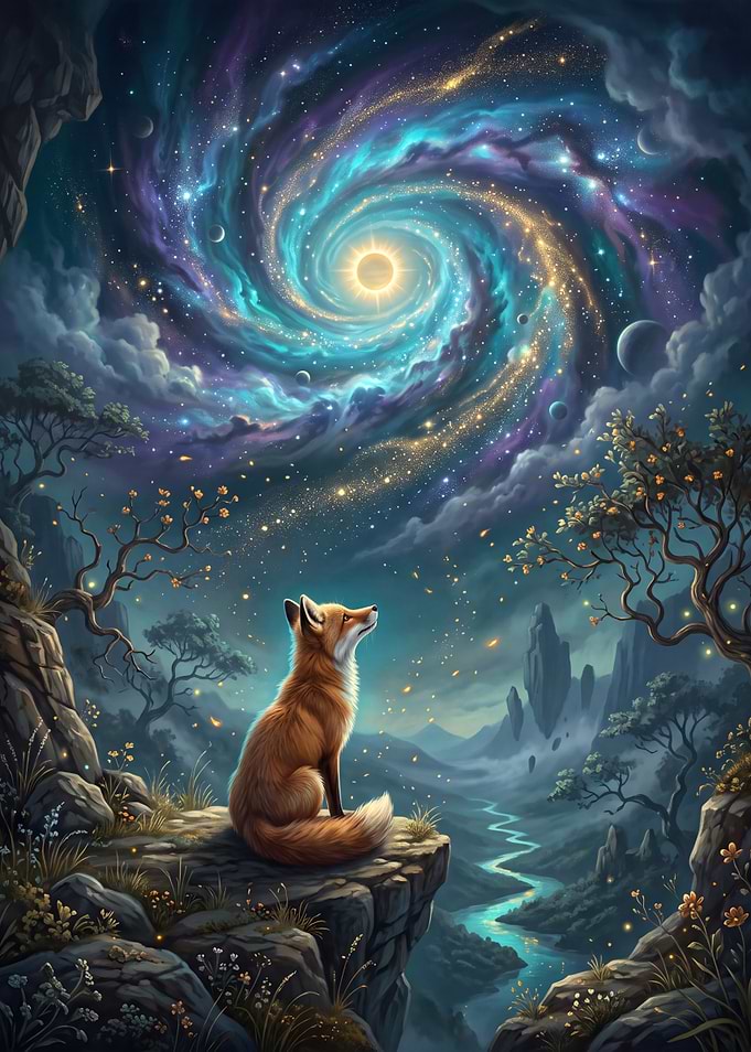 Fox gazing at a cosmic galaxy