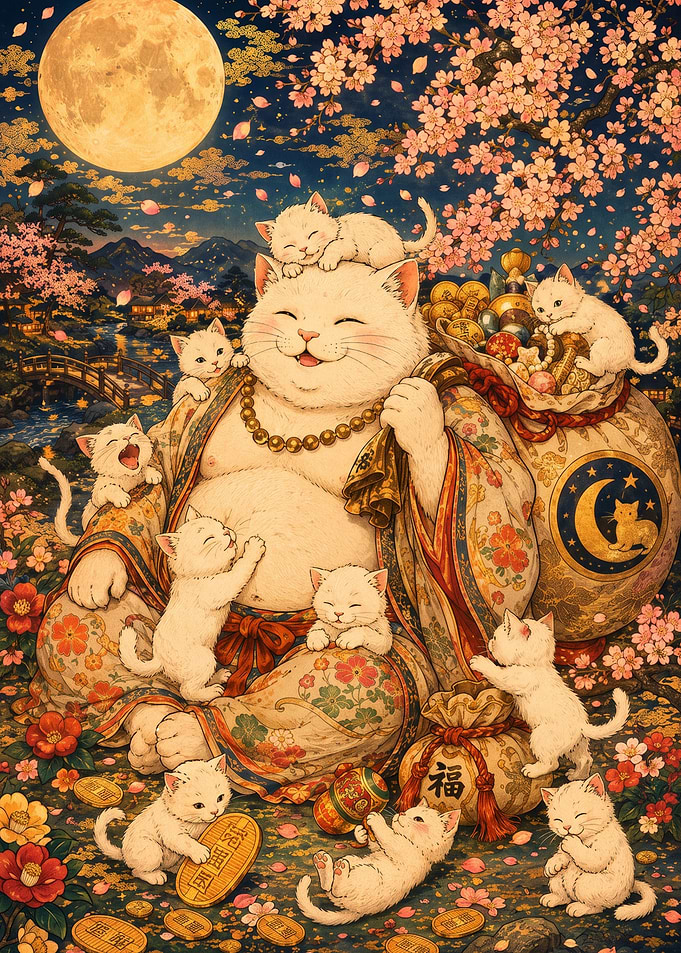 Lucky Cat Buddha with Kittens