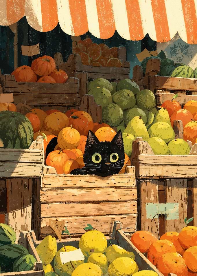 Black Cat Peeking From Wooden Fruit Crate