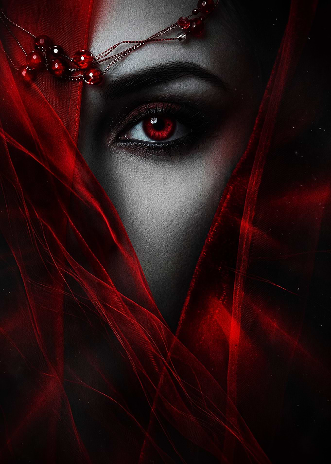 Mysterious Woman with Piercing Red Eyes