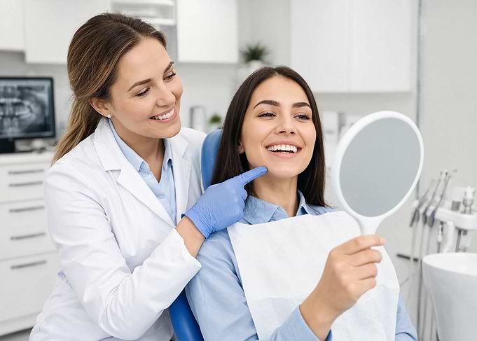 Dentist showing patient her smile