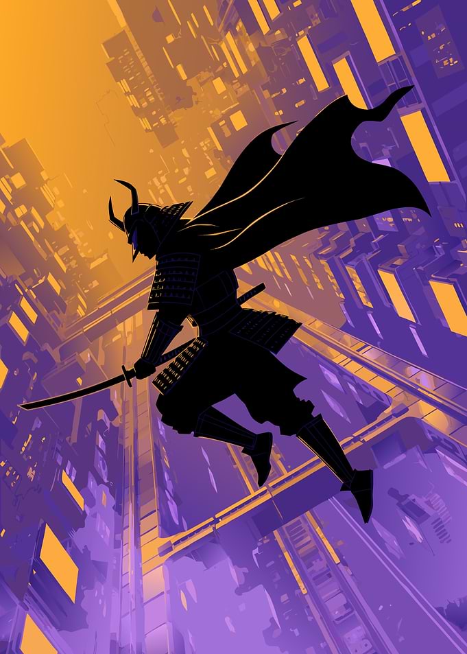 Cyberpunk Samurai Silhouette in Cityscape