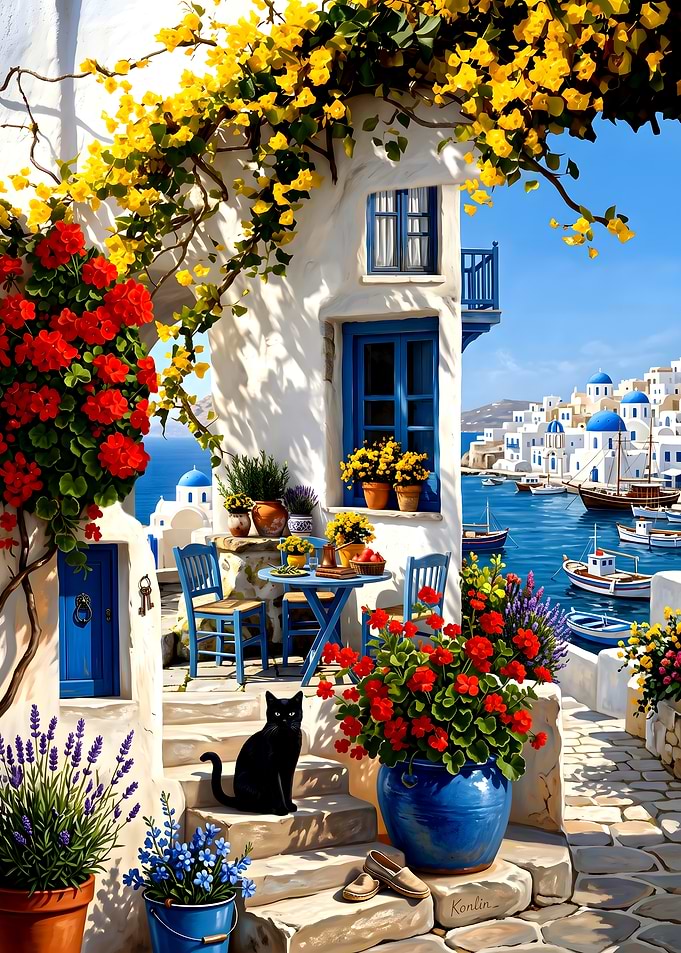 Black Cat in Sunny Greek Village