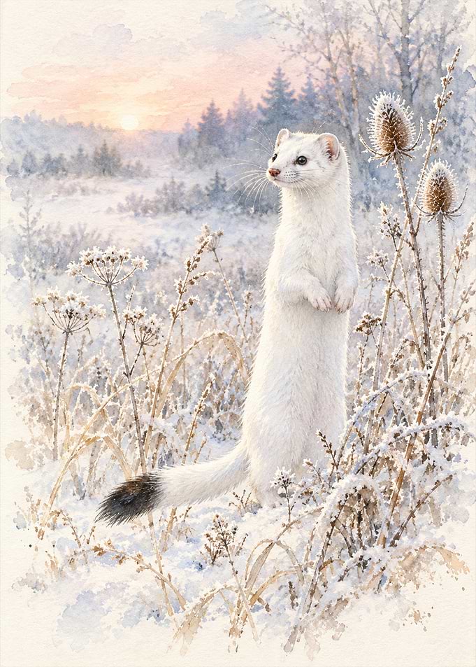 Ermine in a Snowy Winter Landscape