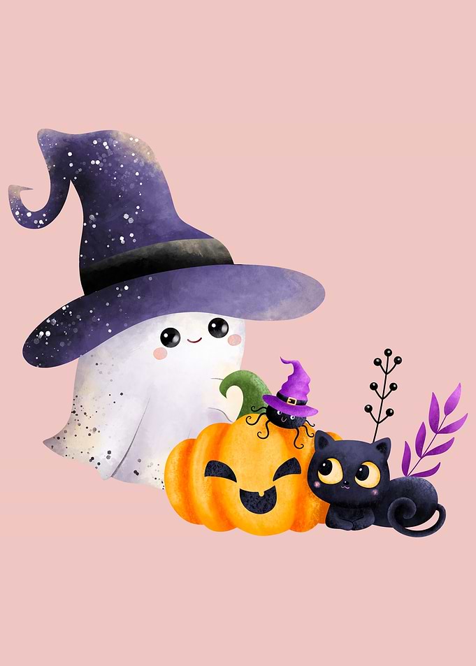 Cute Halloween Ghost and Cat Illustration