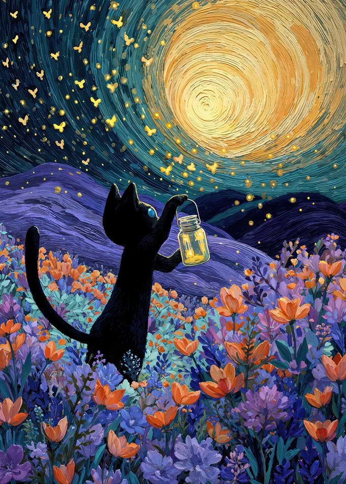 Black Cat Holding Lantern Under Swirling Moon