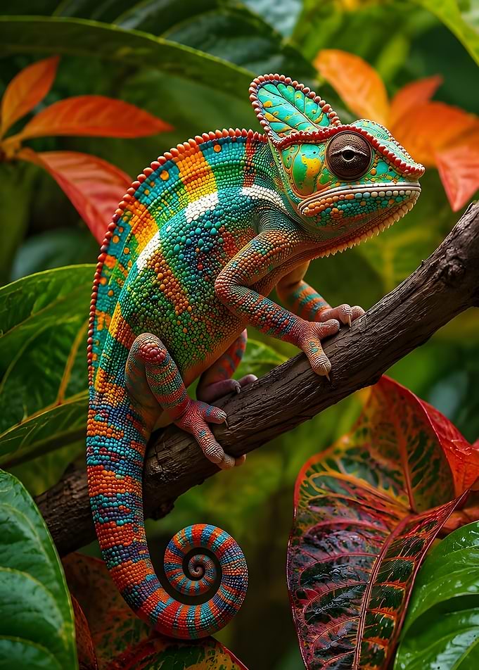Vibrant Multi-Colored Chameleon on Branch