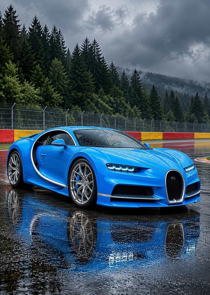 Blue Bugatti Chiron on Racetrack