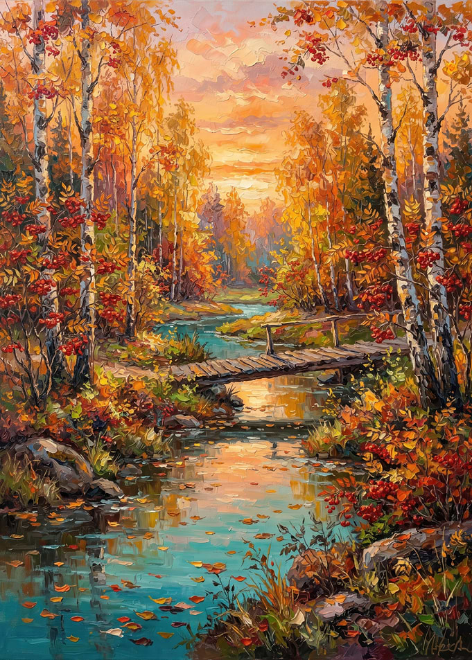 Autumn Forest Stream with Wooden Bridge