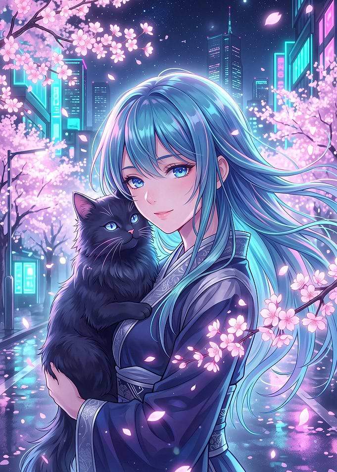 Anime Girl Holding Cat Under Sakura