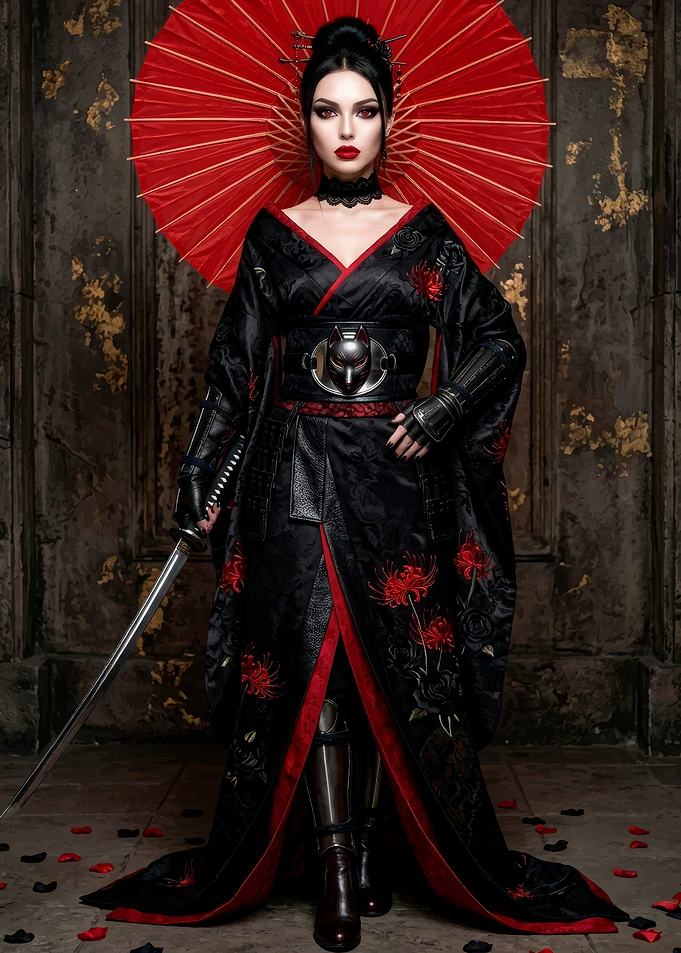 Gothic Samurai Woman with Red Umbrella