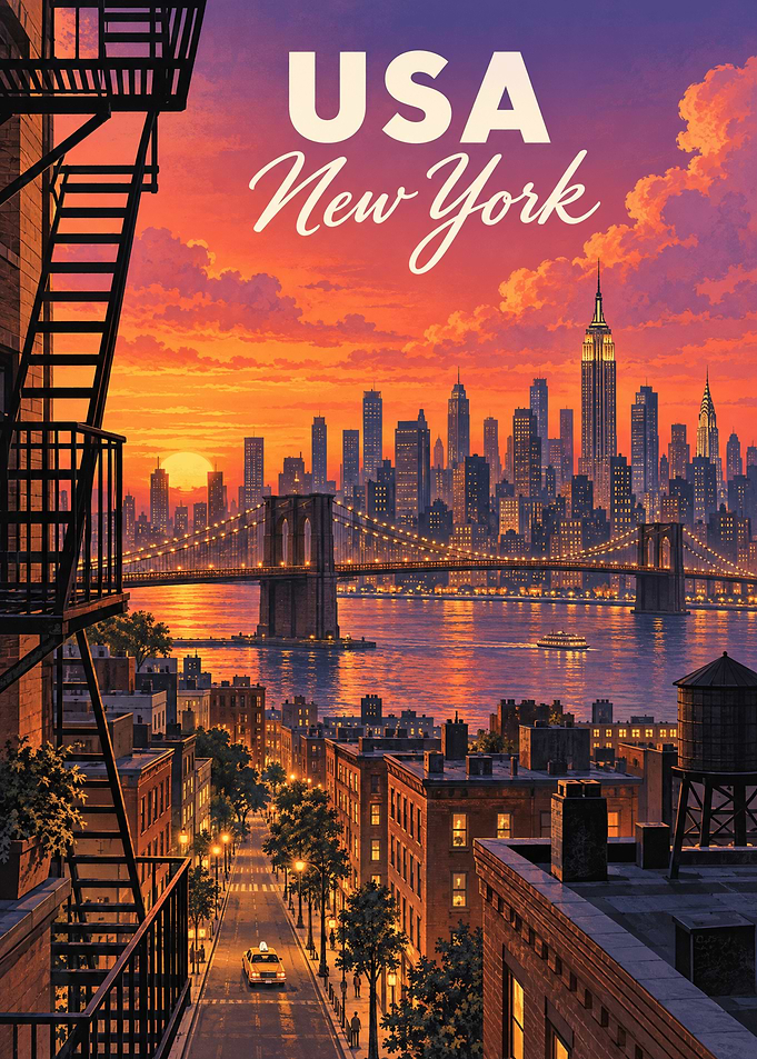 New York City Sunset Travel Poster