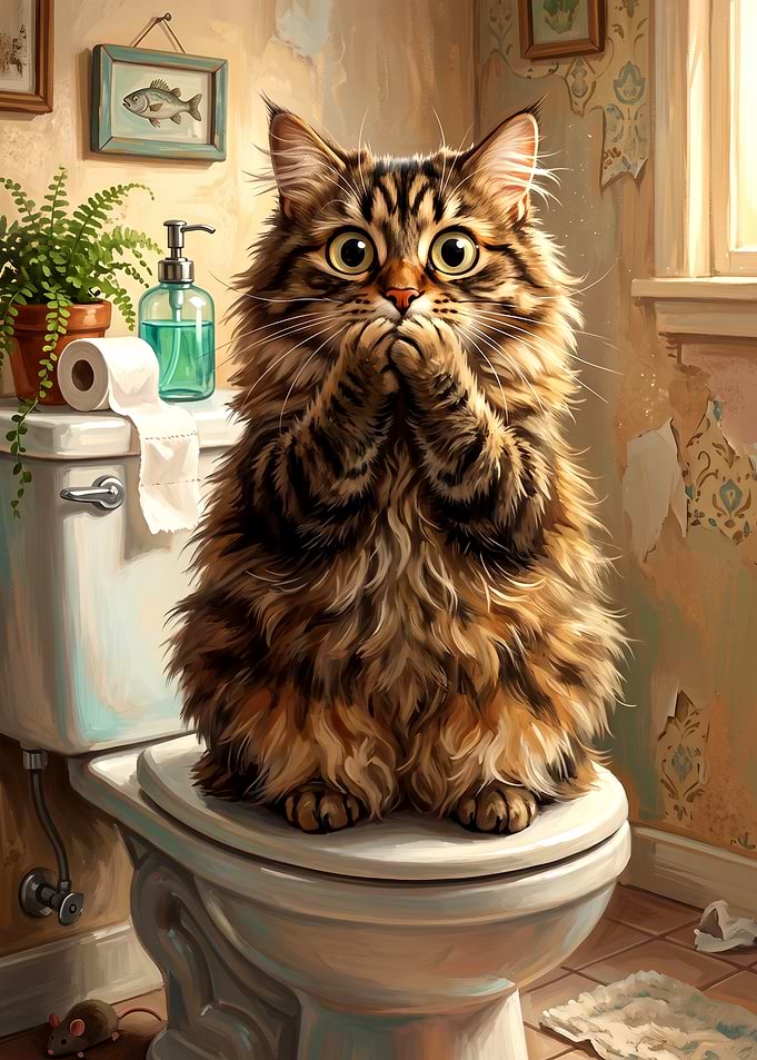 Surprised Fluffy Cat on Toilet