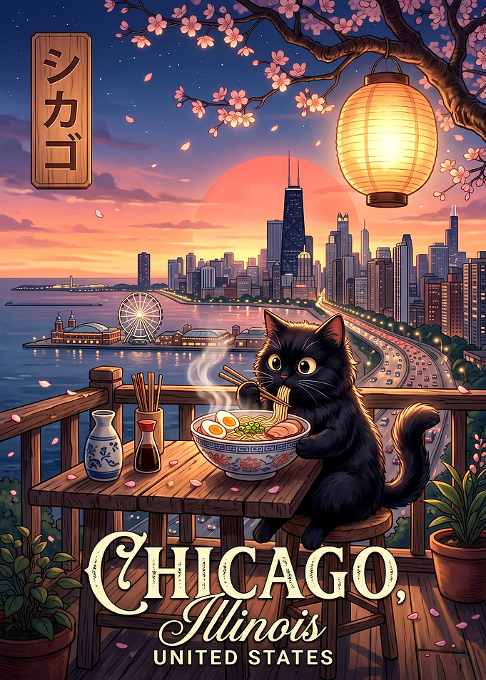 Black Cat Eating Ramen in Chicago