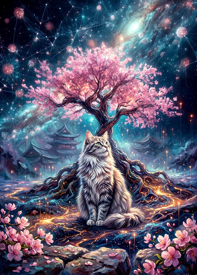 Cat Under Cosmic Cherry Blossom Tree