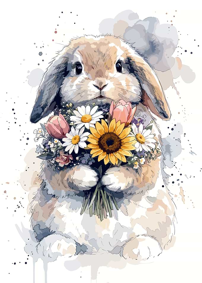 Cute Bunny Holding Spring Flowers