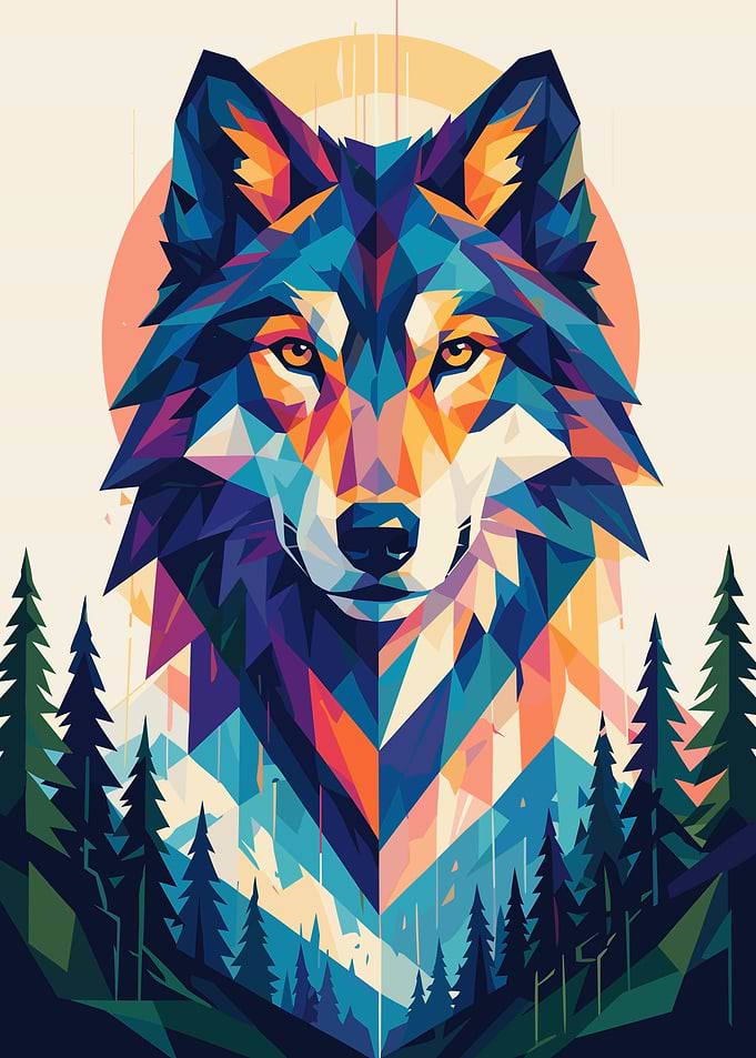 Geometric Wolf Portrait in Forest