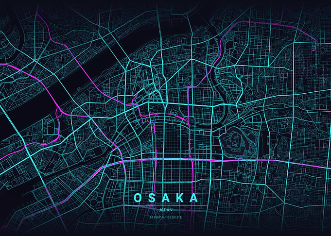 Neon Osaka City Map Art Poster