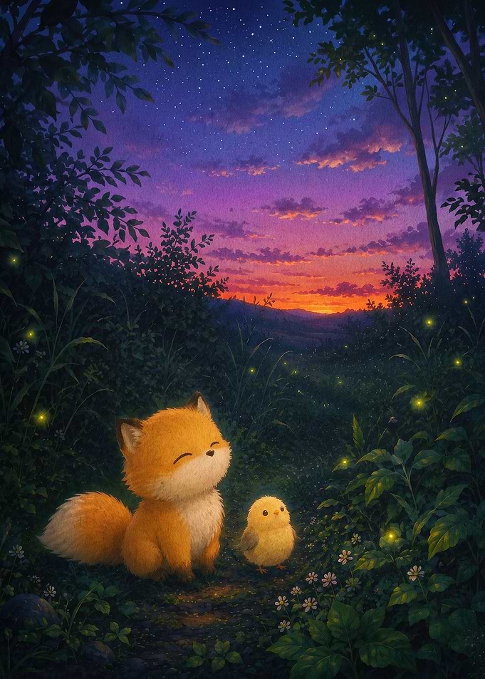 Fox and Chick Cozy Twilight Art