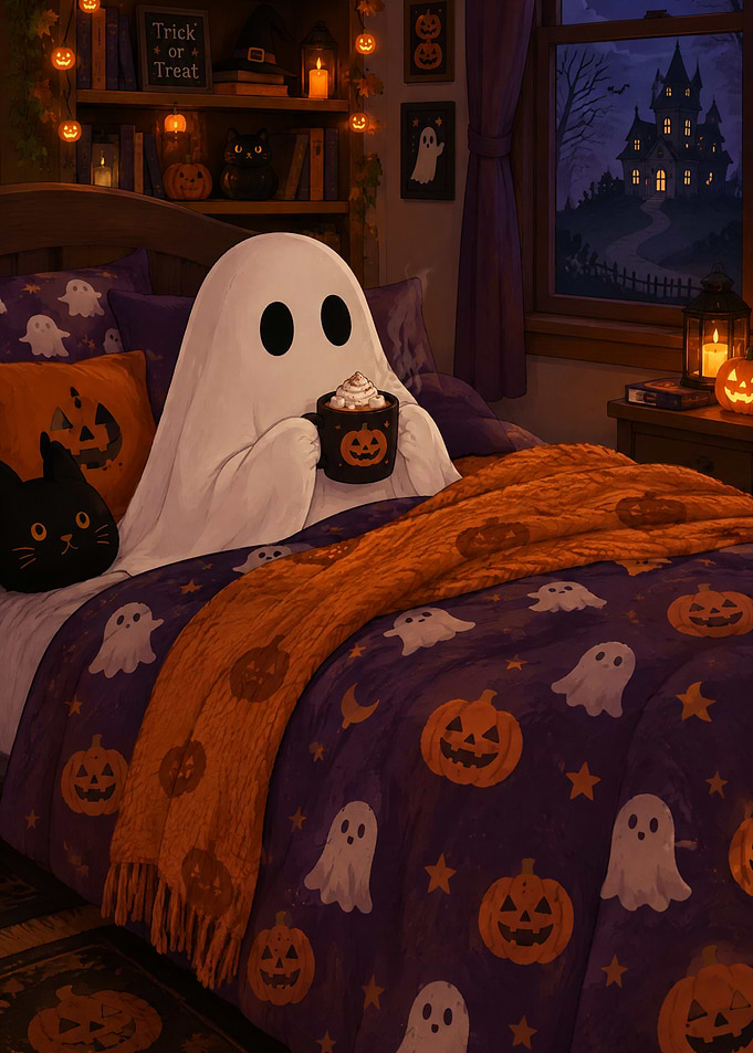 Cozy Ghost Drinking Hot Cocoa