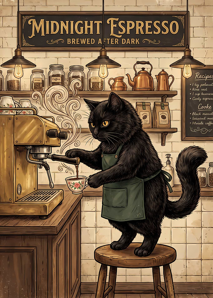 Black Cat Barista Making Espresso