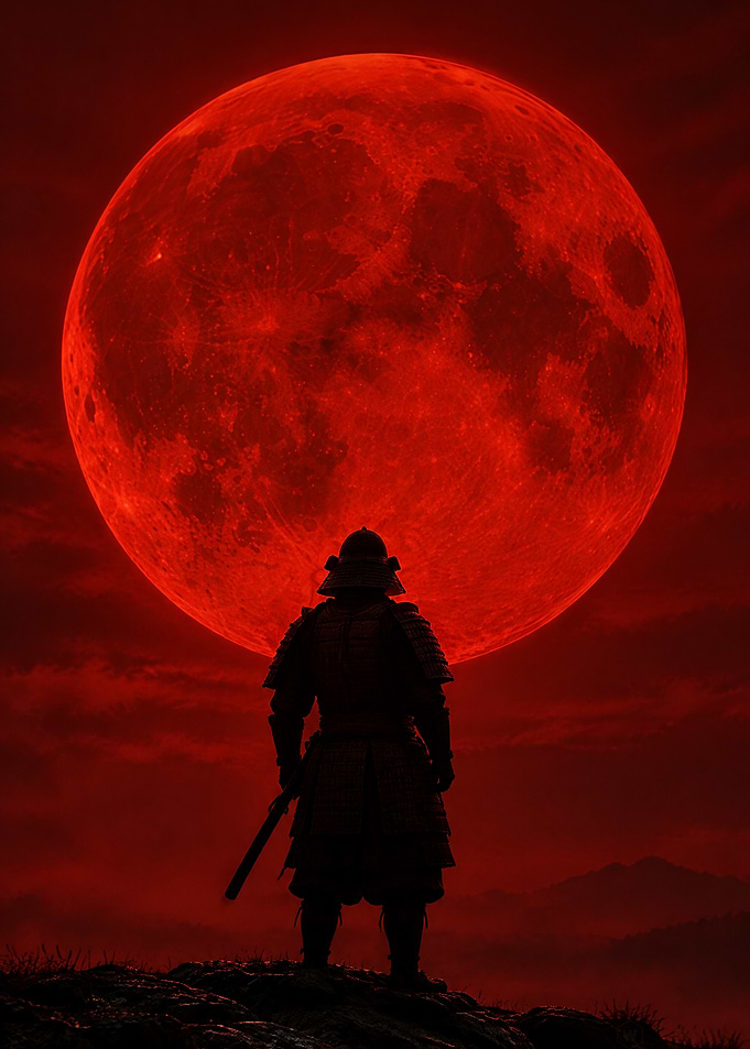 Samurai Silhouette Under Blood Moon