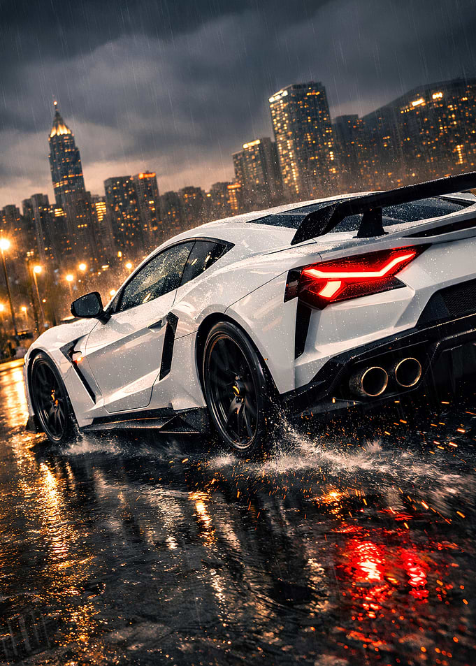 White Sports Car in Rainy City