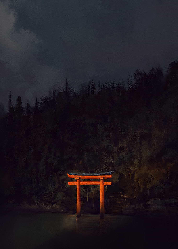 Glowing Torii Gate in Dark Forest