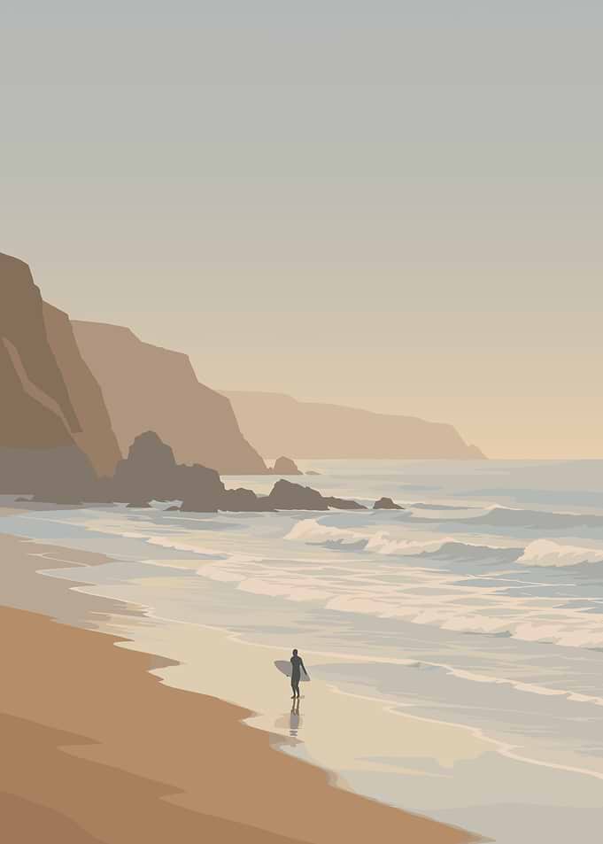 Surfer on Coastal Beach | Minimal Vintage Travel Poster