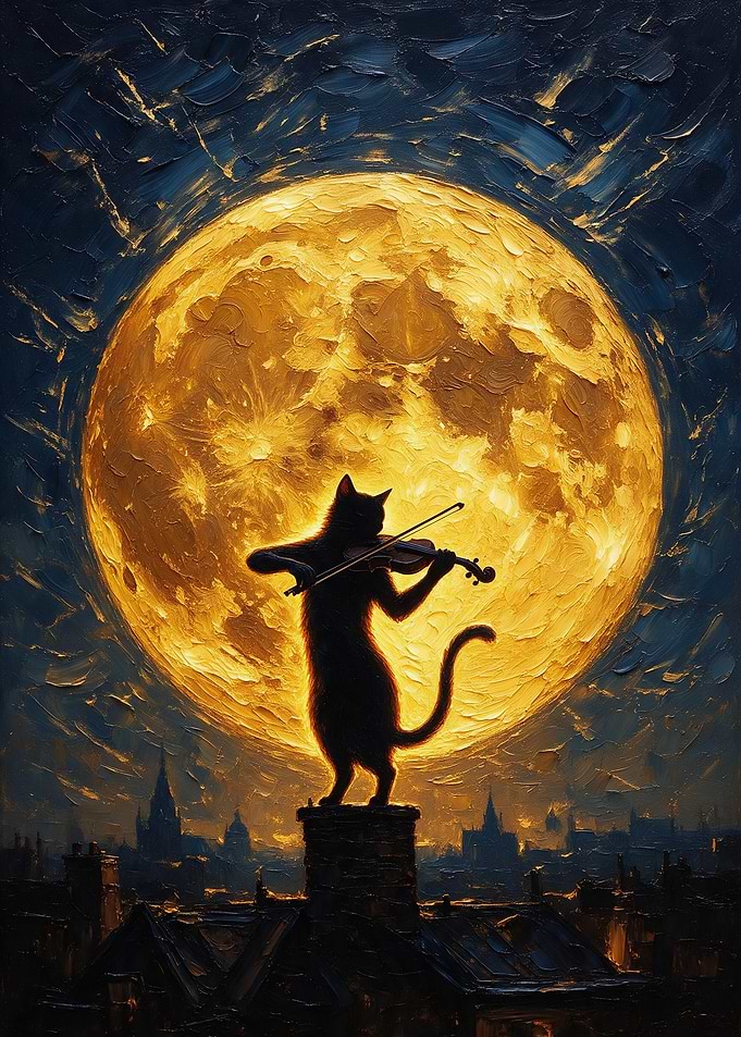 Black Cat Playing Violin Under Moon